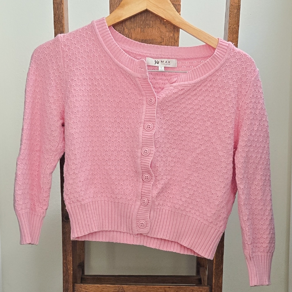 Yemak baby pink cropped cotton pinup cardigan sweater